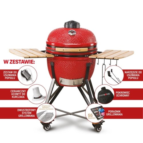Grill ceramiczny węglowy Kamado Bono Media, czerwony